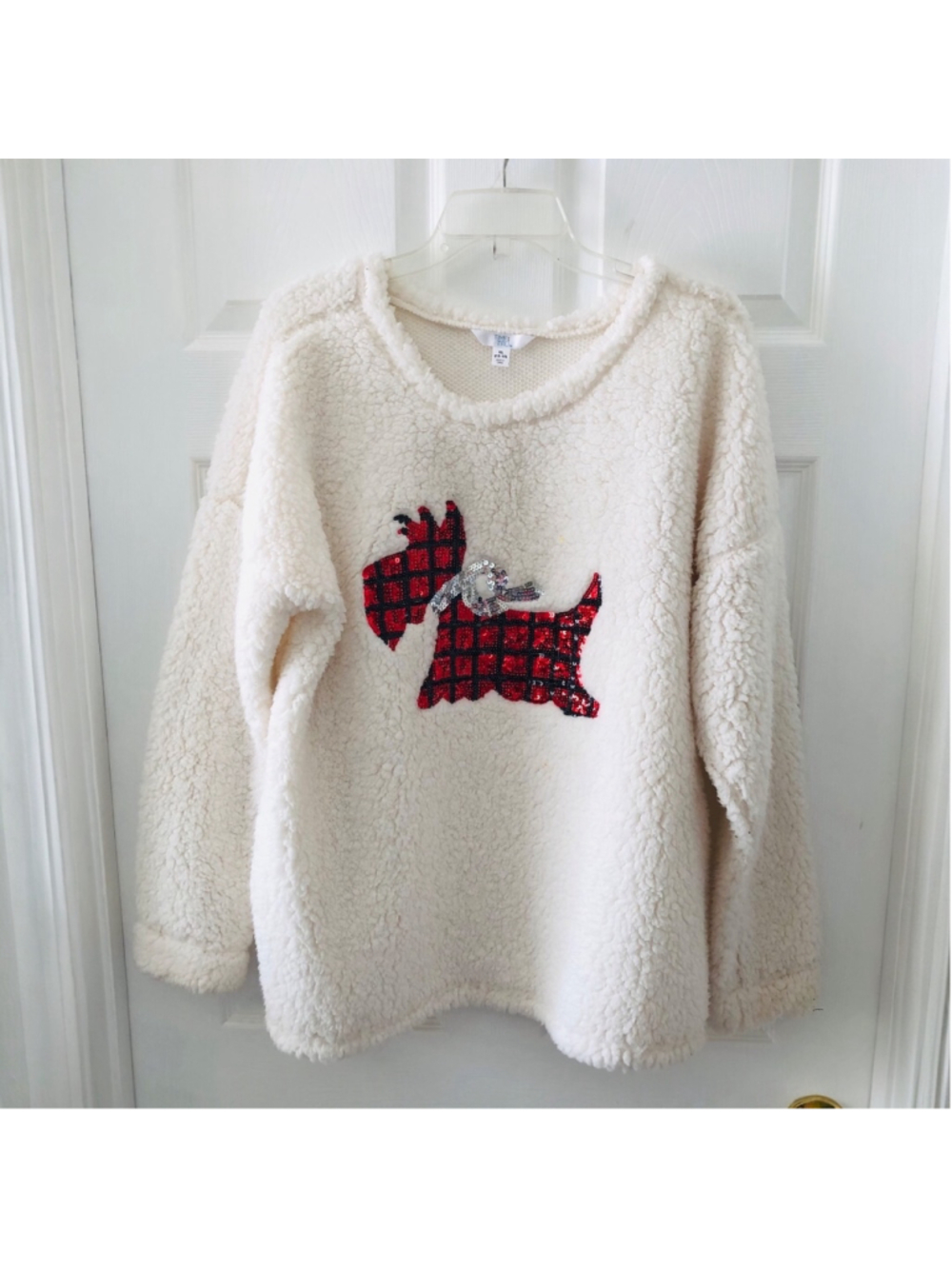 Size XL (16-18) Time & Tru Festive Sherpa Pullover Scottie Dog Graphic Novelty
